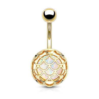 Bauchnabelpiercing mit eingekapseltem Opalstein in einem Schuppendesign