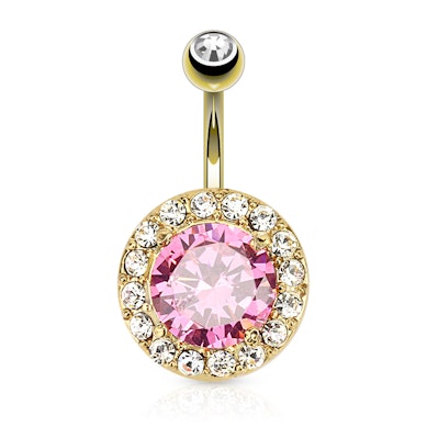 Vergoldetes Bauchnabelpiercing mit einem großen rosa Stein