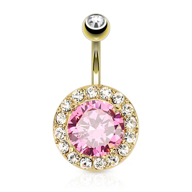 Vergoldetes Bauchnabelpiercing mit einem großen rosa Stein
