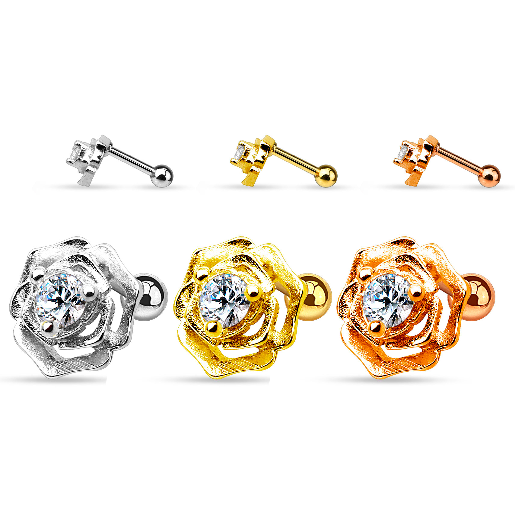 Ohrpiercing mit einer Rose und Stein