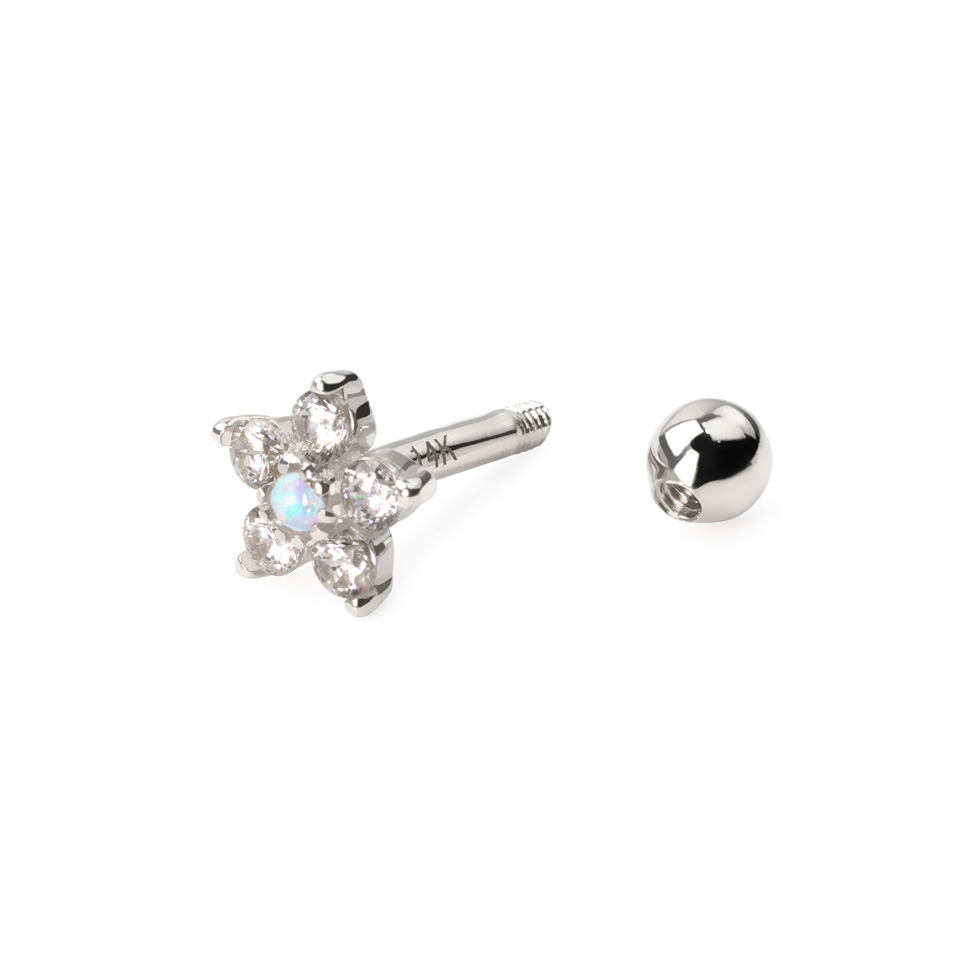 Ohrpiercing aus 14 kt. Gold mit Blume und Opalstein