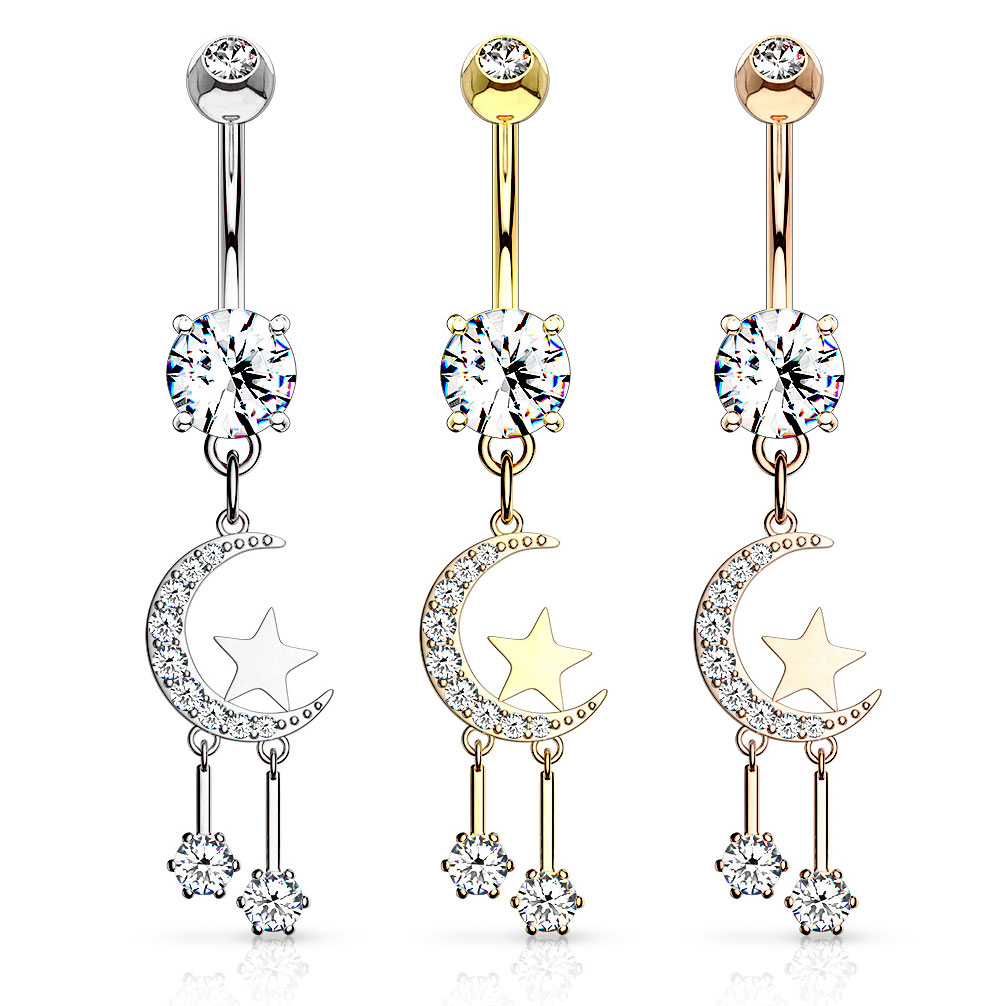 Bauchnabelpiercing mit Halbmond und Sternen als Anhänger