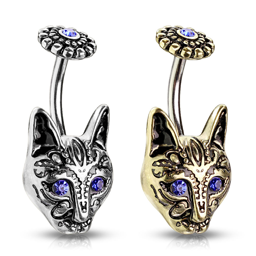 Bauchnabelpiercing mit blauäugiger Tribal-Katze