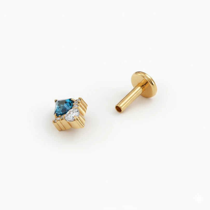 Diamantförmiges Labret mit blauem Schmuckstein aus Titan