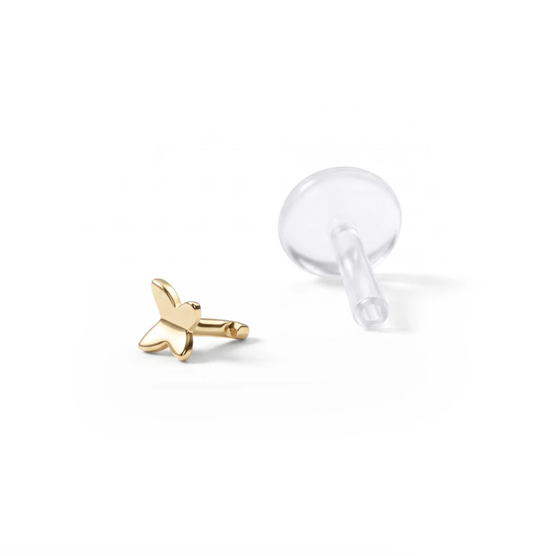 Schmetterlings Labret aus 14 Karat Gold mit PTFE Stab