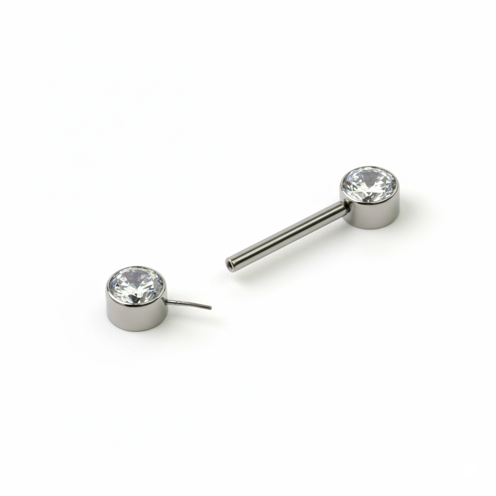 Nippel-Barbell aus Titan mit gewindelosen, eingefassten Steinen