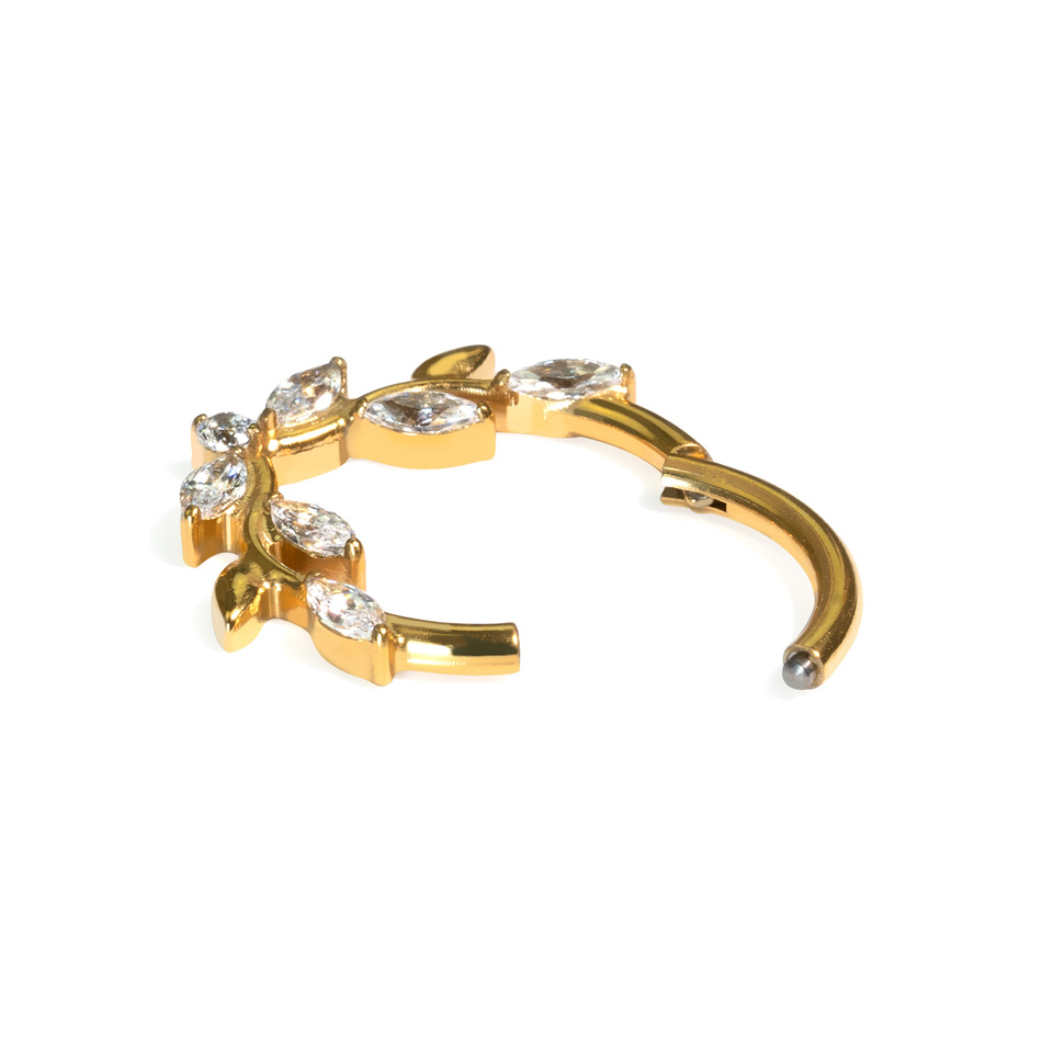 Vorwärts gerichteter Titan-Clicker-Ring mit Weinblättern und Steinen