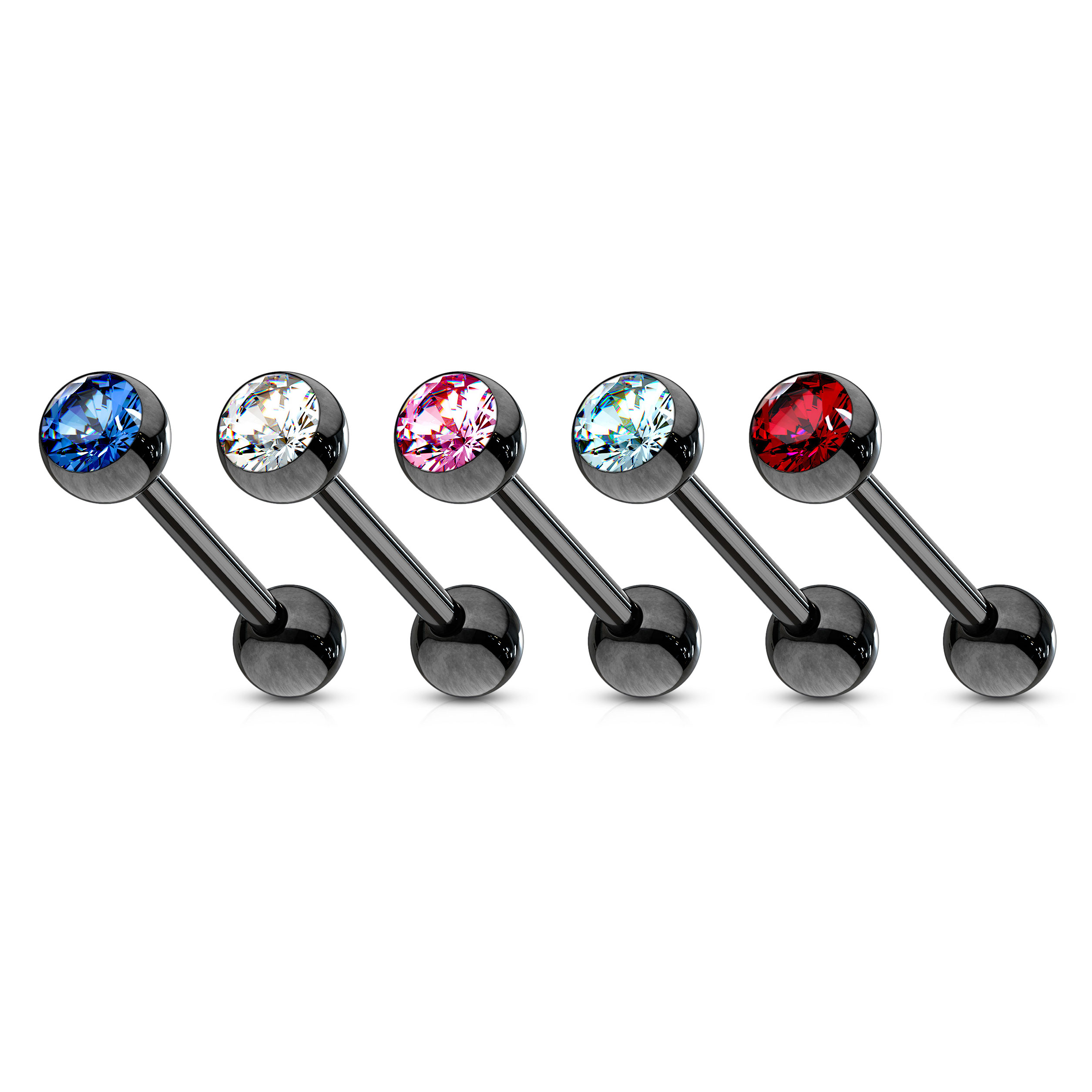 Schwarzes Zungenpiercing mit verschieden farbigen Steinen