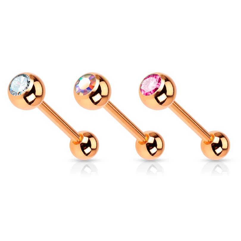 Rotgoldbeschichtetes Zungenpiercing mit Stein