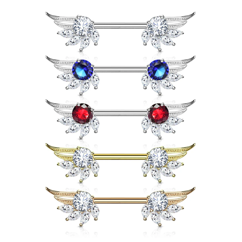 Brustwarzenpiercing mit Engelsflügeln und marquise geschliffene Steinen